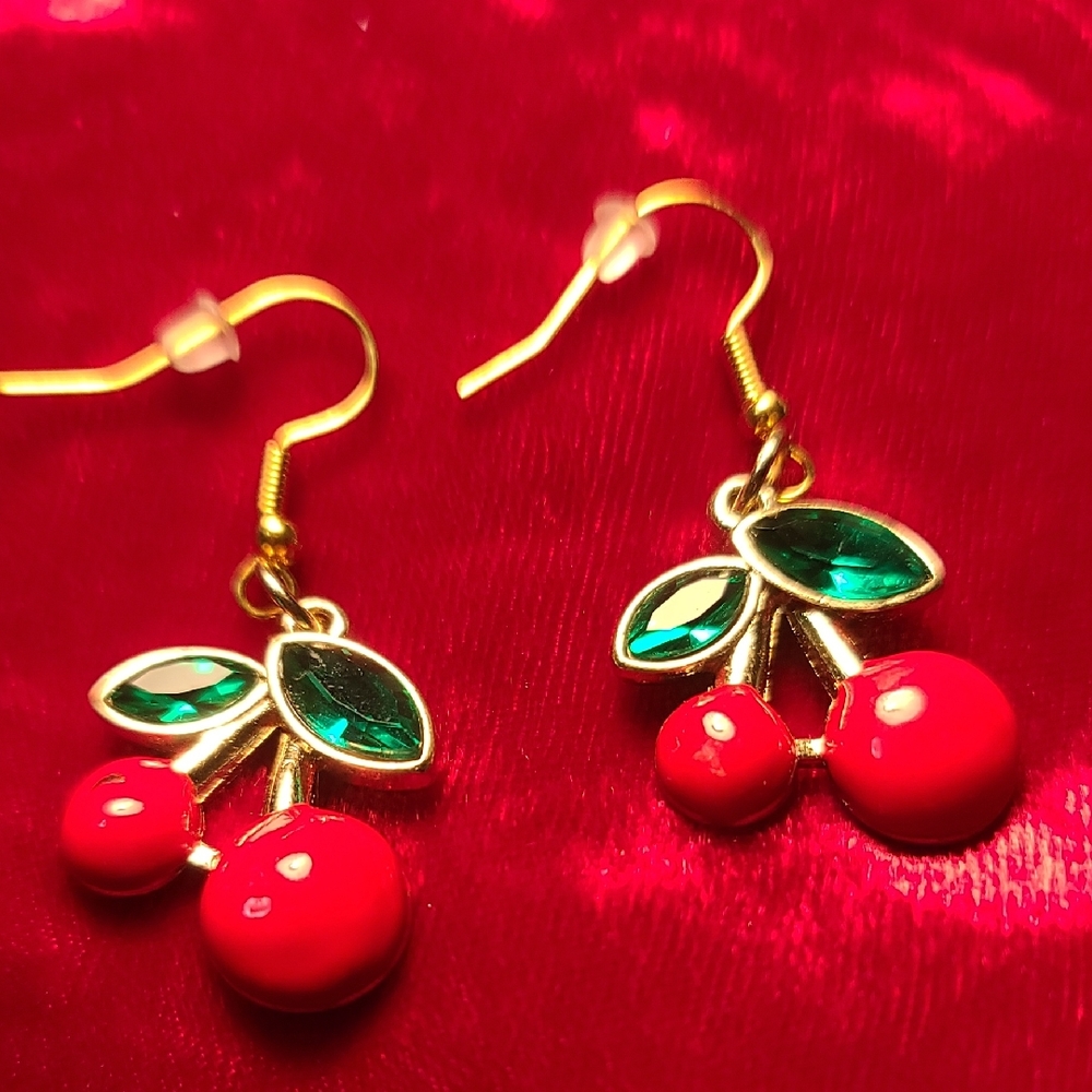 Cherry Dangle Earrings with Gold and Emerald Rhinestone Accents NWT